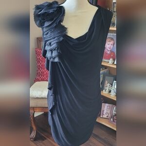 EUC- Elegant Black Maternity Draped Stretch Dress, Side Ruching & Ruffle Detail